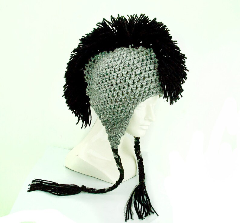 Grey Earflap Hat with Black Mohawk