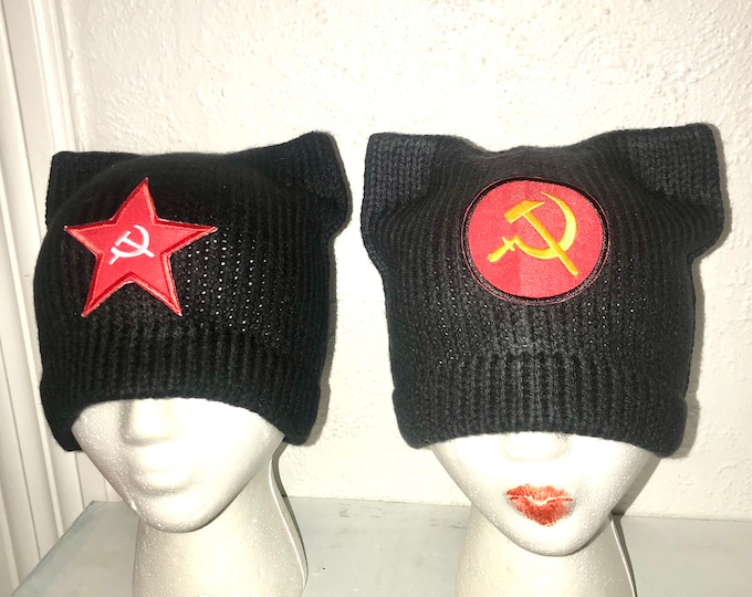 Commie Cat Pussy Hat Hammer Sickle Communist Kitten Winter Protest Cap Ear Slouchy Toque Women's Rights March