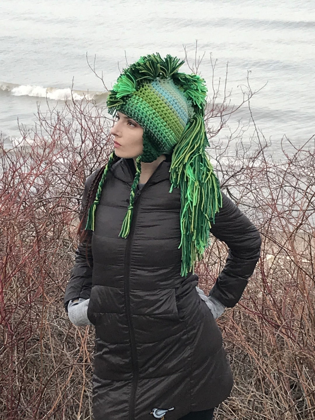 Crocheted Earflap Brown Ombre Beanie Viking Mohawk Crochet Pattern Earflap Mohawk Beanie main image 4