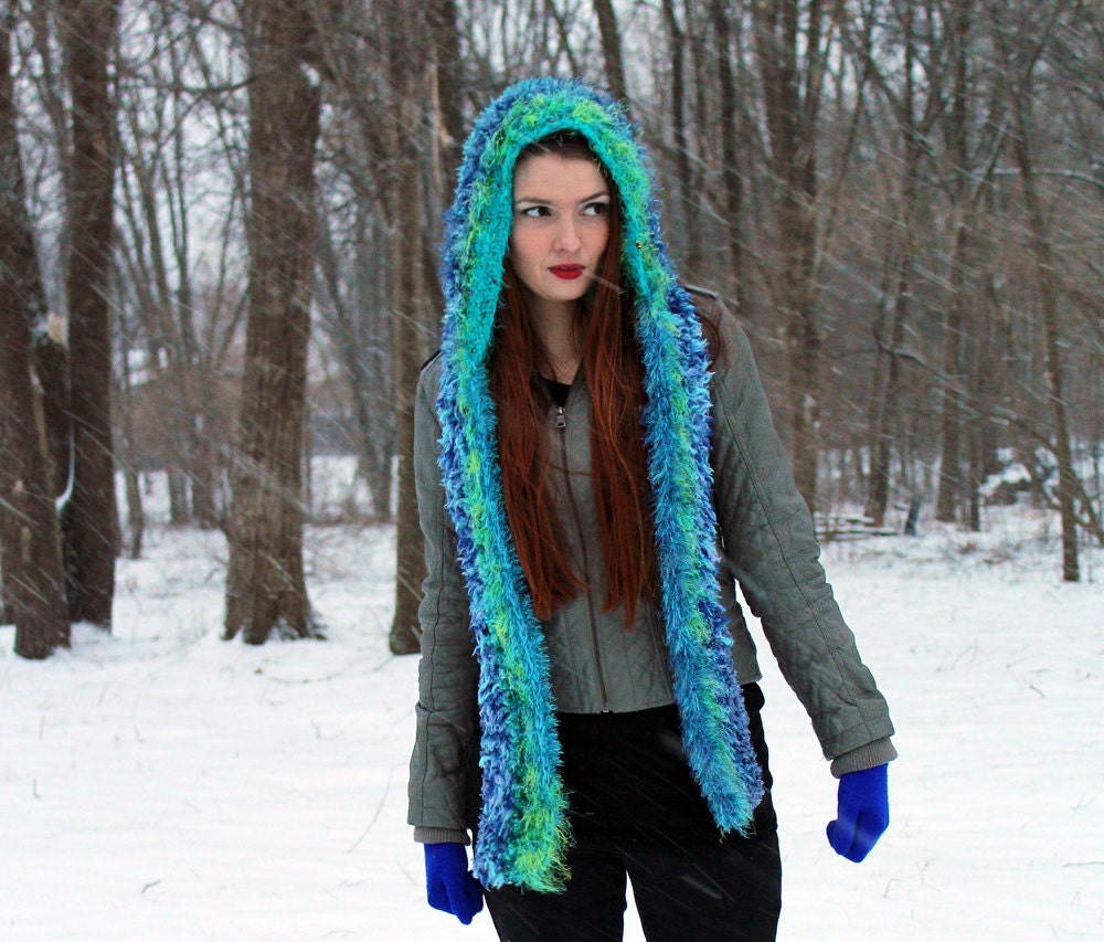 Fuzzy Teal and Blue Hooded Scarf Handmade Crochet Hat Winter  display picture 2