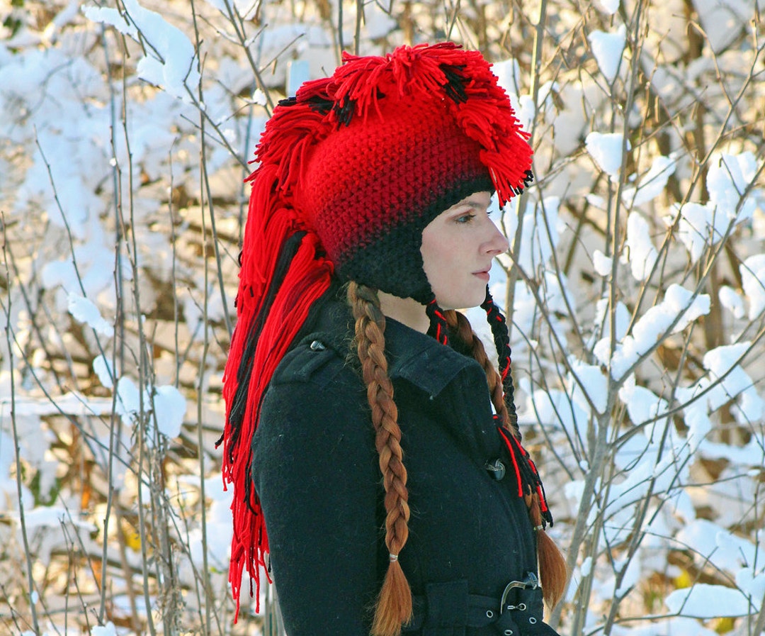 Black Crochet Christmas Holiday Mohawk Hat with Red and Green Accents crochet mohawk hat - TikTok Shop main image 2