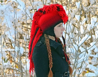 Ombre Crochet Mohawk Hat: Red to Black, Earflap Tassels