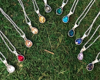 Teardrop Birthstone Necklace in Silver Colored Metal on Single 18 inch Chain