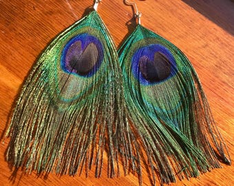 Natural Peacock Feather Earrings Long Flowing Boho Chic Hippie Gift Idea