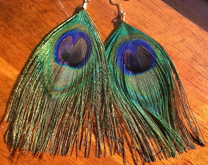 Natural Peacock Feather Earrings Long Flowing Boho Chic Hippie Gift Idea