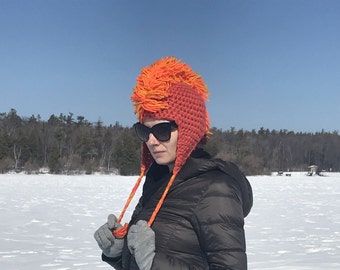 Orange MoHawk Ear Flap Hat For Winter Handmade One of a Kind Boyfriend Gift