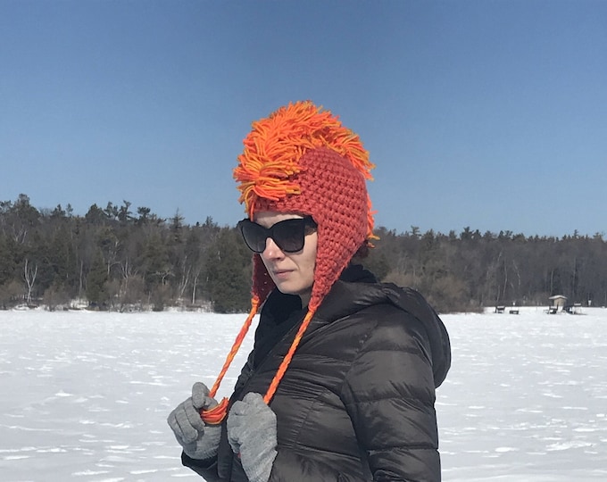 Orange MoHawk Ear Flap Hat For Winter Handmade One of a Kind Boyfriend Gift