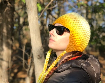 Yellow  Ombre Ear Flap Hat One of a kind Color Gradient Handmade Crochet Gift