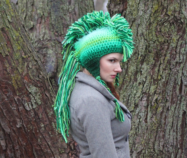 Green Mohawk Earflap Hat Ombre Tones Extreme Long Faux Hair Gradient Color Trapper Unisex Handmade Christmas Gift Statement Adult image 8