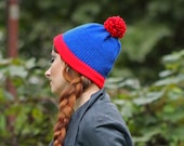Handmade Pom Pom Beanie: Blue & Red Acrylic Knit Hat - Etsy display picture 1