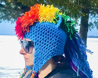 Rainbow Dash Inspired Crochet Ear Flap Hat with Mohawk & Horse Ears