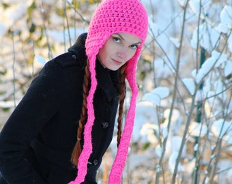 Hot Pink Long Ear Flap Hat Beanie Scarf Gifts for Her Stocking Stuffer Ready to  Ship  back to school