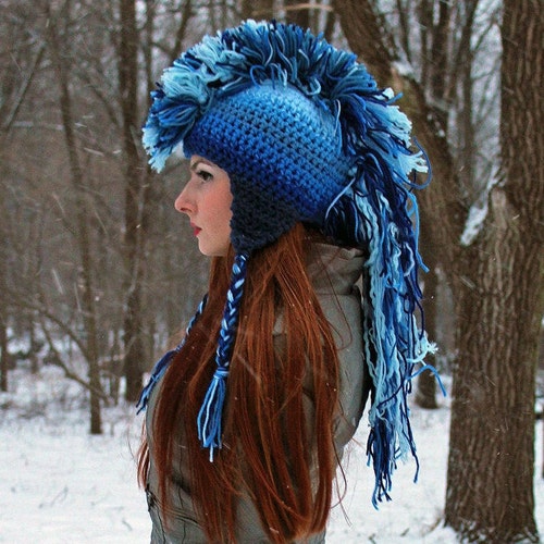 Blue Ombre Mohawk Hat Extreme Style Boyfriend Gift Warm 