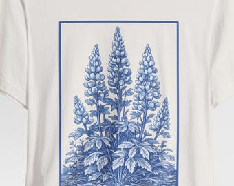 Lupinebloemshirt | Botanisch T-shirt met wilde bloemen in vintage stijl | Cottagecore bloemenshirt | Cadeau voor tuinliefhebbers | Katoenen wandelshirt
