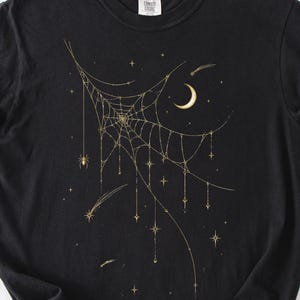 Celestial Spider Web Shirt, Gold Crescent Moon Tee, Spooky Starry Night Graphic, Halloween Spider Lover Comfort Colors Boho Gothic T-Shirt