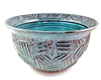 Handmade Pottery popcorn bowl, large teal blue decorative bowl, shelf decor - In stock 408 SB