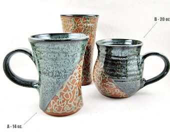 Handmade Pottery Mug in Teal green with Twisted Line Design, Ceramic Coffee Mug - In stock