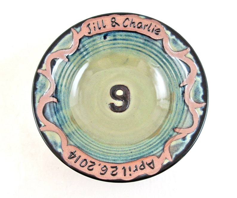 9th Anniversary gift with Custom Engraving, Personalized Pottery anniversary Gift 11 x 3 Teal & Olive - New!