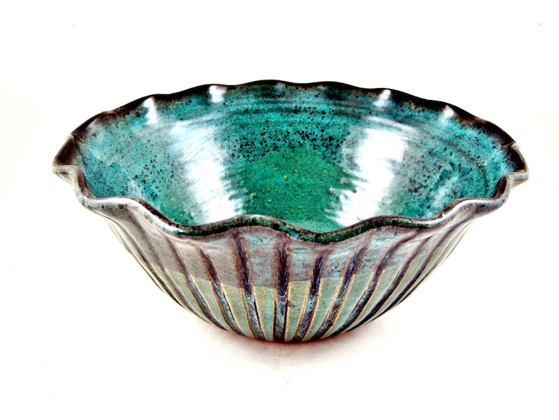 Teal blue pottery serving bowl scallop design Set of 2 IN Etsy