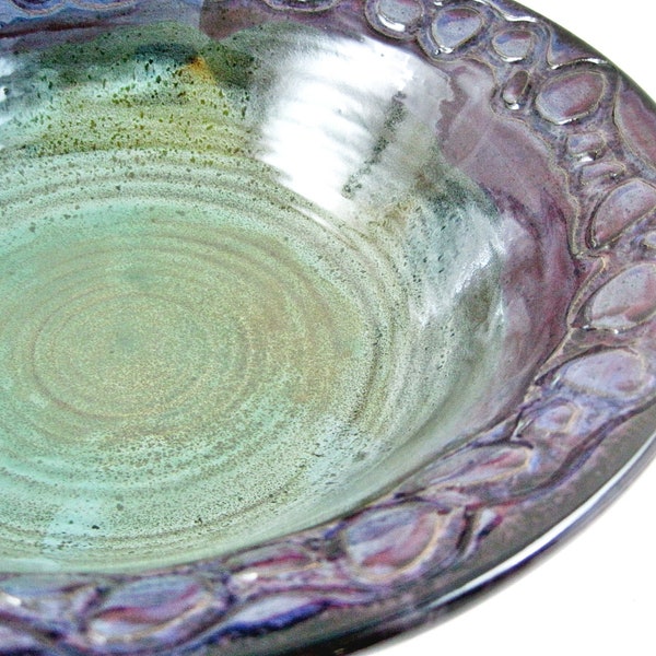 Handmade Pottery Bowl with Nature inspired River Rock Carving Design Purple and Green Home Decor Table Accent - In stock 467 SB