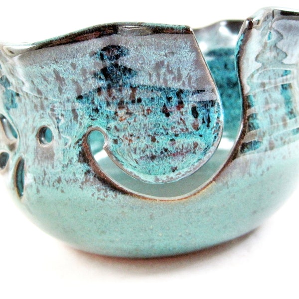 Pottery yarn bowl in Teal green & blue, gift for knitter - In stock