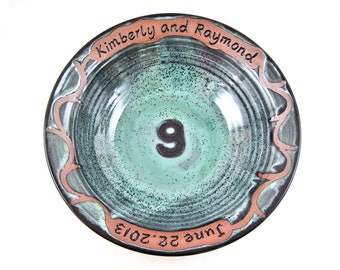 Personalized 9th anniversary gift, mark your milestone anniversary with a elegant pottery bowl, Handmade with Engraved Names & Date