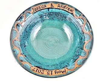 Custom Wedding Bowl: Handmade Teal Stoneware, Personalized Newlywed Gift