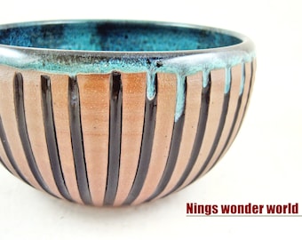 Minimalist Home Decor Accent Art Work For Shelf or Table Decorative Pottery bowl in Teal blue and strip design