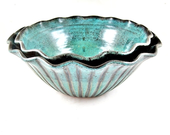 Teal blue pottery serving bowl, scallop design, Set of 2 - IN STOCK 22 SB Set tbp