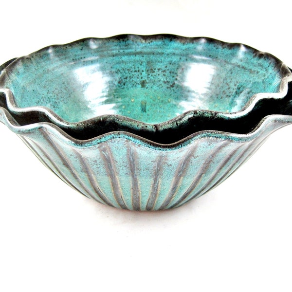 Teal blue pottery serving bowl, scallop design, Set of 2 - IN STOCK 22 SB Set tbp