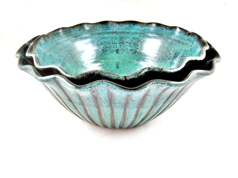 Teal blue pottery serving bowl scallop design Set of 2 IN Etsy