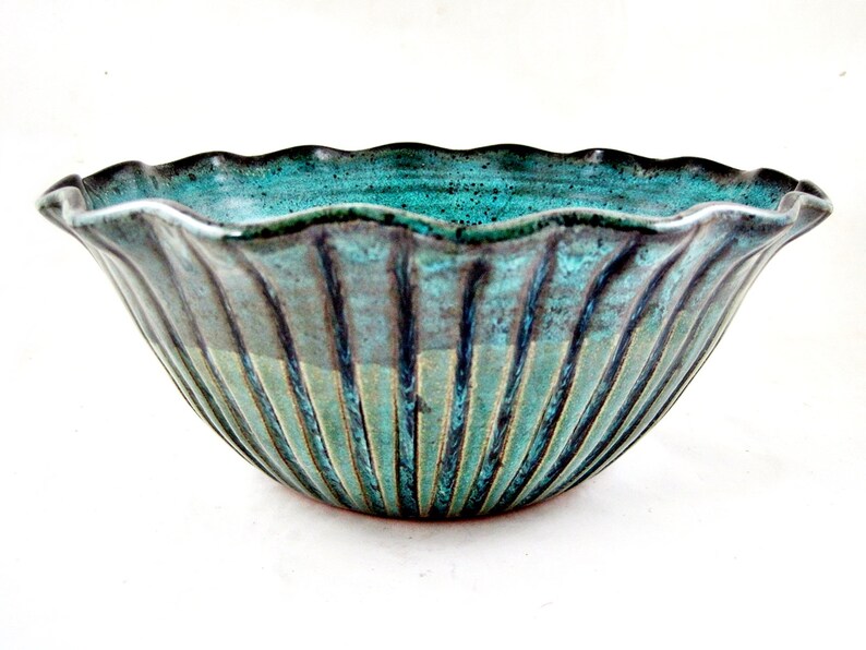 Teal blue pottery serving bowl scallop design Set of 2 IN Etsy