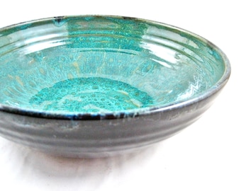 Teal blue and Black pottery serving bowl - 449 SB