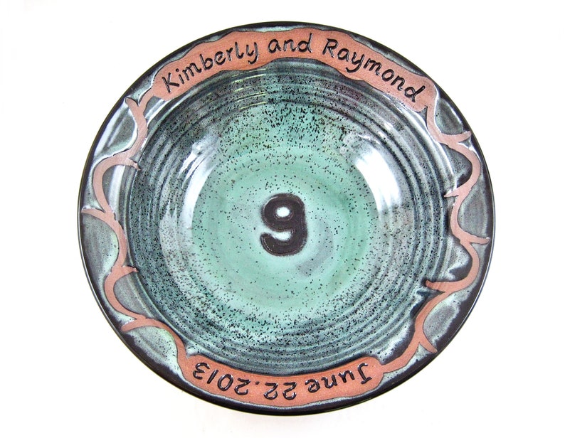 Personalized Pottery Anniversary gift for the 9th wedding anniversary Green w/Speckles-New