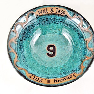 9th Anniversary gift with Custom Engraving, Personalized Pottery anniversary Gift 11 x 3 Teal Blue/Black