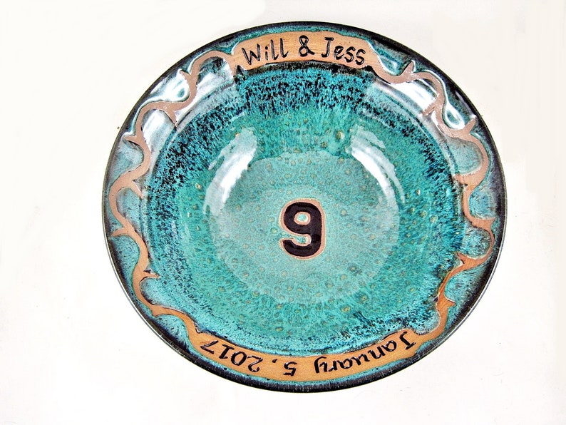 9th Anniversary gift with Custom Engraving, Personalized Pottery anniversary Gift 11 x 3 Teal Blue/Black