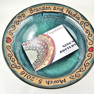 Handmade personalized wedding bowl, A unique & lasting memory for the special day, Custom engraved with the new couples names and date Teal blue/Black