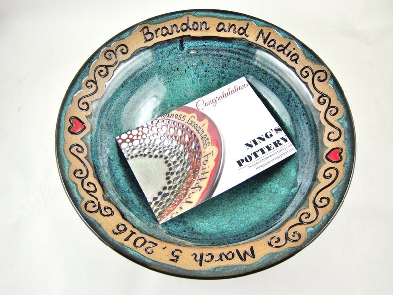 Handmade personalized wedding bowl, A unique & lasting memory for the special day, Custom engraved with the new couples names and date Teal blue/Black