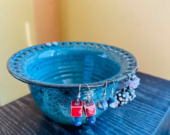 Pottery jewelry holder in teal blue - In stock