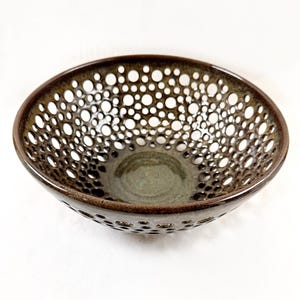 Handmade Pottery Fruit Bowl – Brown with Olive Green Accents, Rustic Stoneware Centerpiece