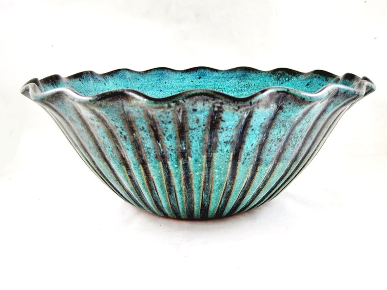 Teal blue pottery serving bowl scallop design Set of 2 IN Etsy
