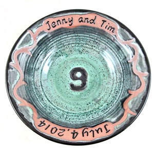 9th Anniversary gift with Custom Engraving, Personalized Pottery anniversary Gift 11 x 3 Green w/Speckles-New