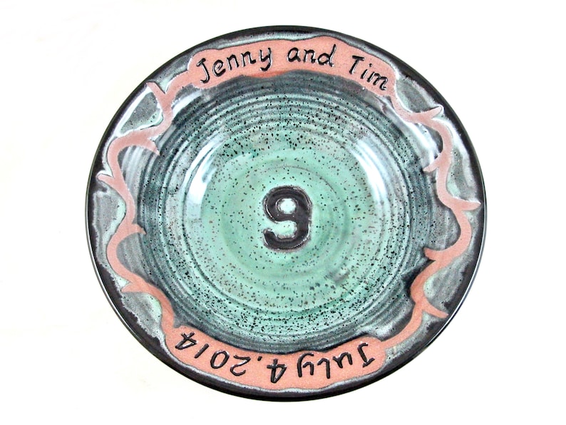 9th Anniversary gift with Custom Engraving, Personalized Pottery anniversary Gift 11 x 3 Green w/Speckles-New