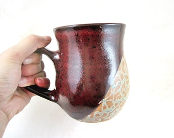 Handmade Pottery Mug - 20 oz with Dark Red Color and Green Twist Line Design - Microwave and Dishwasher Safe - In stock RM02