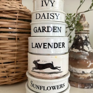 May include: A stack of seven white ceramic measuring cups with black text and illustrations. The cups are labeled Ivy, Daisy, Garden, Lavender, and Hydrangeas, with one cup featuring a black rabbit illustration and another labeled Sunflowers.