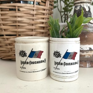 Antique English Advertising Pot / English Ironstone Crock / French Flag