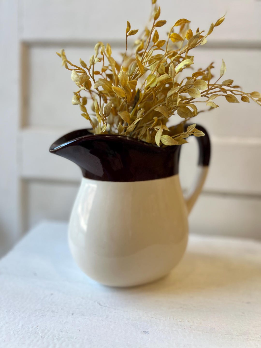Vintage Brown Pottery Pitcher / Vintage Pitcher / Brown White Kitchen ...
