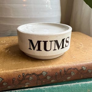May include: A small, off-white ceramic bowl with the word "MUMS" in black block letters. The bowl is sitting on top of a stack of vintage books with decorative covers. A larger white ceramic pot is in the background.