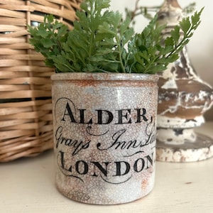 May include: A cylindrical ceramic crock with a white crackle glaze and orange-brown weathering. The front features black printed text that reads ALDER, Grays Inn, LONDON. A small green fern plant is placed inside the container.
