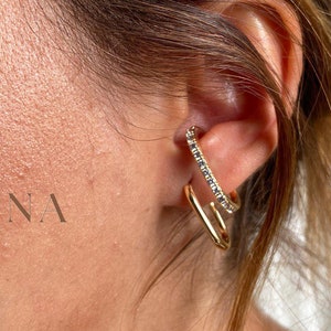 14k Gold Couble Statement Geometric Diamond Oval Cuff Earrings • Huggie Earring •  Removable Ear Earring • Anniversary Gift Earring